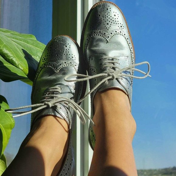 Silver Leather Lace-up Oxfords - Picture 1 of 5